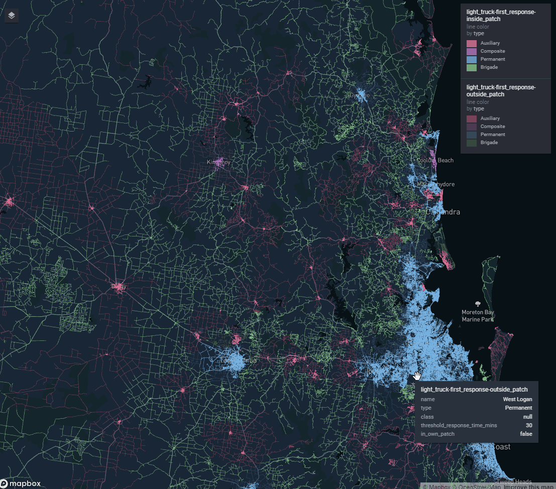 A travel time isochrone spanning the entire Queensland road network